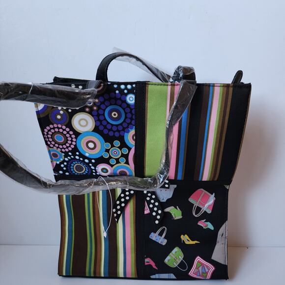 Black Tote Purse Shoulder Bag Handbag Stripes Circles Shoes 11" x 3" x 13" - Picture 3 of 7